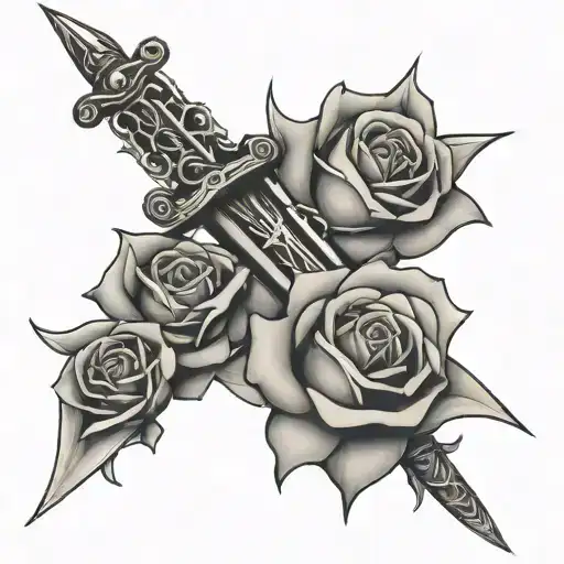 3 Swords Crossed And Rose Intertwined