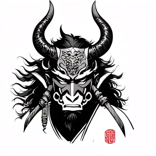 Samurai Warriror With Oni Mask On His Face