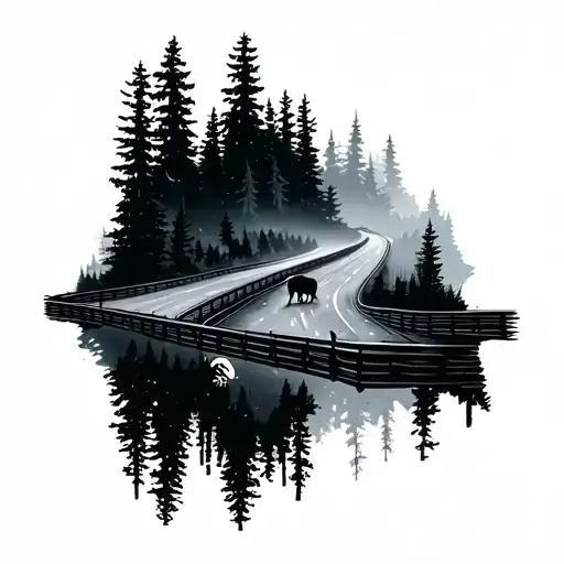 A Dark Forest With A Highway And Animals