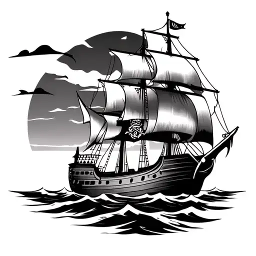 Pirate Ship Sailing With Sun Setting