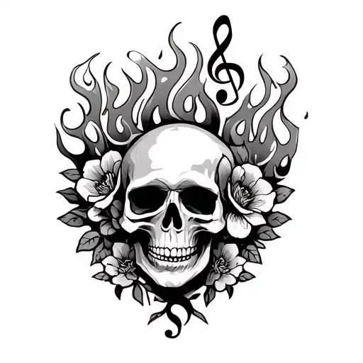 Skulls And Flames With Musical Notes And Flowers