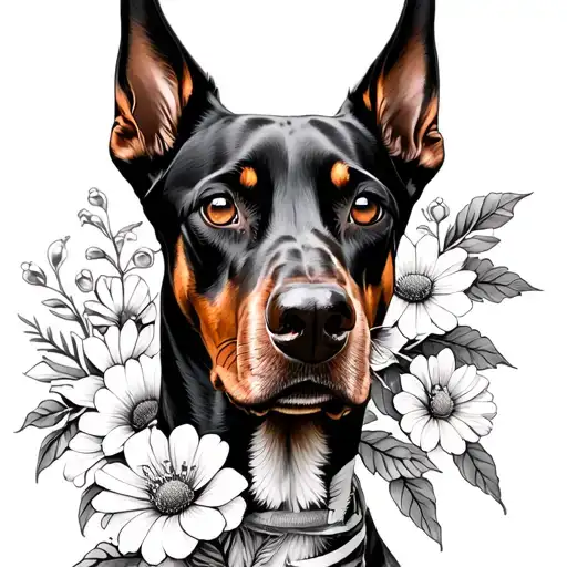 Doberman With Flowers Instead Of Eyelashes