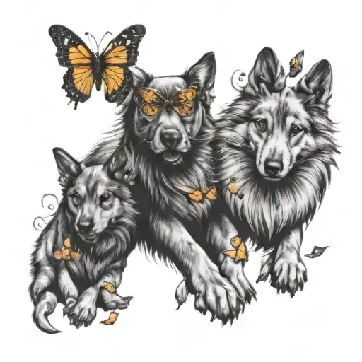 3 Dog Paws With Heads And Butterflies Flying