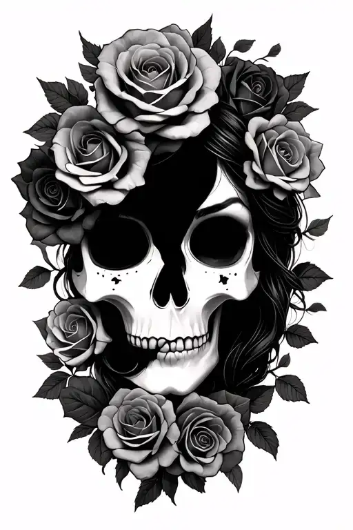Feminine Half Skull Half Womans Face Surrounded By Roses With Negative Space Filler
