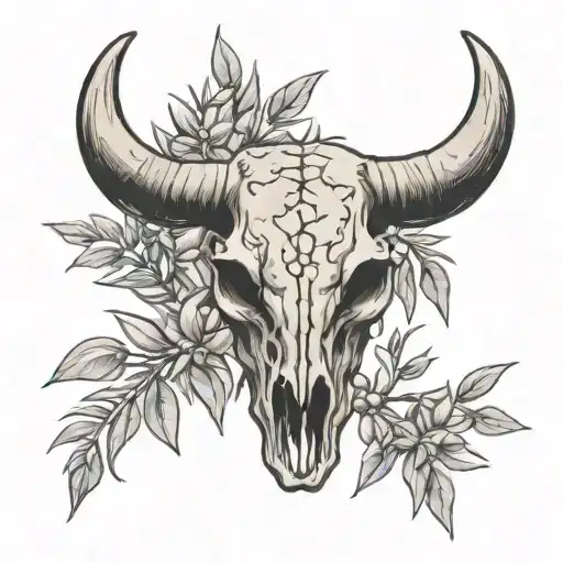 Bull Skull With Olive Branch And Grain Plant Growing Through The Eyes
