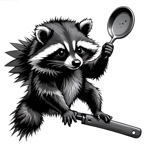 Tactical Raccoon Holding Frying Pan Flying