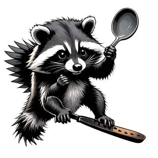 Tactical Raccoon Holding Frying Pan Flying