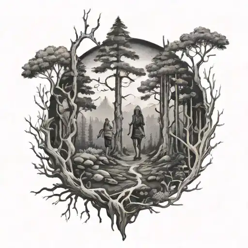 Dark Scary Forest Landscape With Two Girls Holding Hands