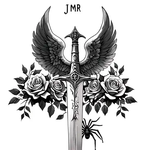 St Archangel Michael Sword Trhu Roses Growing With A Spider On The Side With Jmr Writing