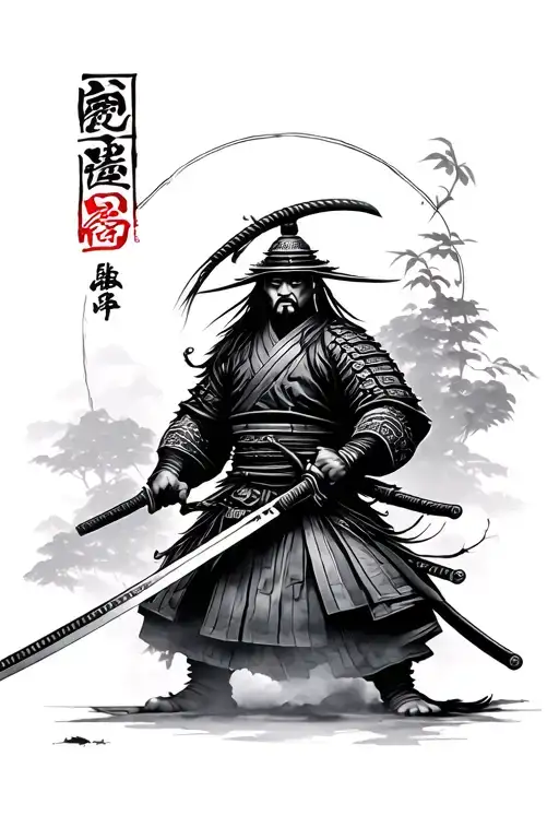 Samurai Holding Katana With Japenese Structures