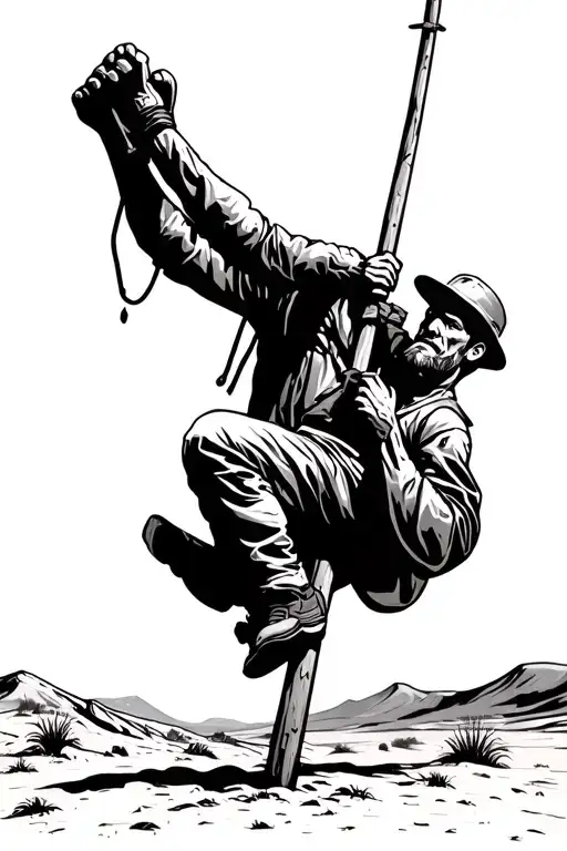 Lineman Climbing Pole In The Desert Landscape