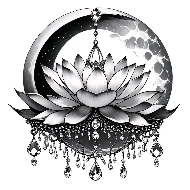 Lotus Flower With Chandelier Type Gems Hanging Moon And Reference To The Ocean