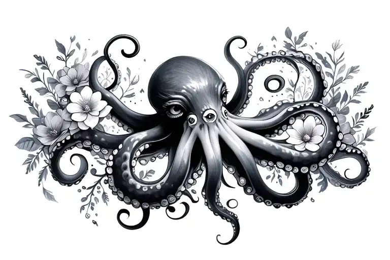 Feminine Octopus Flowing Tenticles With Cascading Flowers Around Her