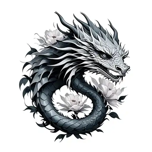 Dragon With Flowers Intertwined