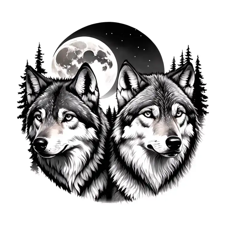 Two Wolfs Looking Forward With A Dark Forest And Moon Behind Them