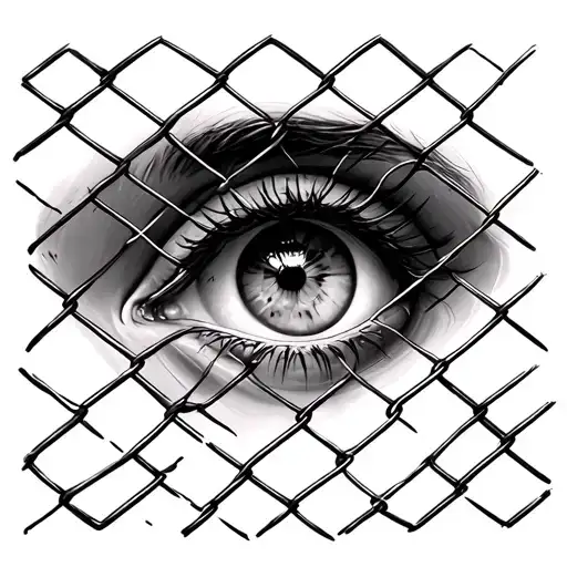 Female Eye Inside A Chain Link Fence