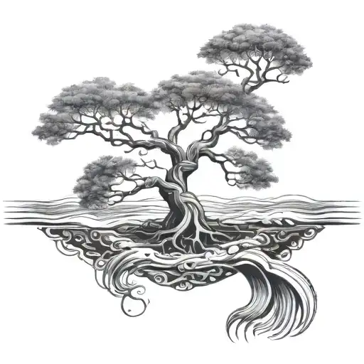 Tree Of Life With Roots With Small Ocean Waves Forming