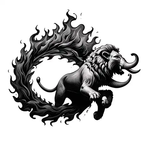 Lion Jumping Through A Ring Of Fire Held Up By And Elaphant