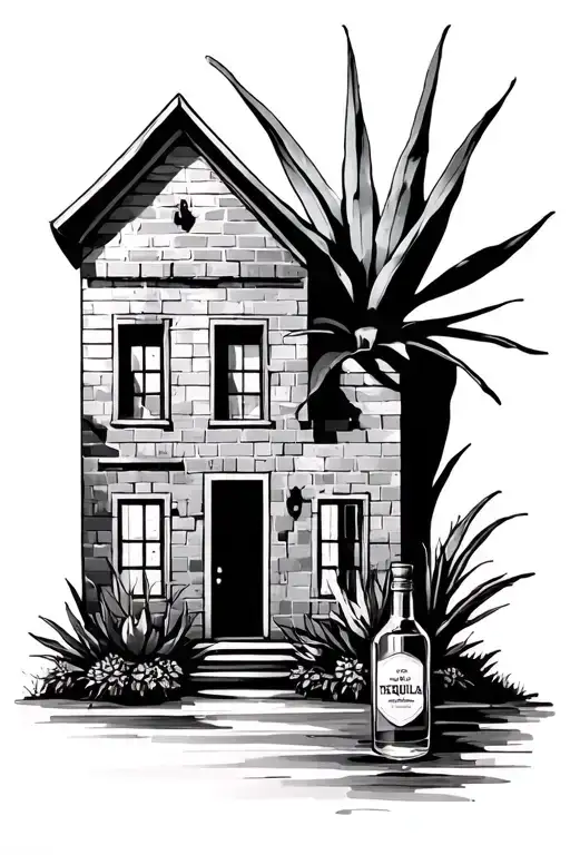 Brick House With Agave Plant W Tequila Bottle