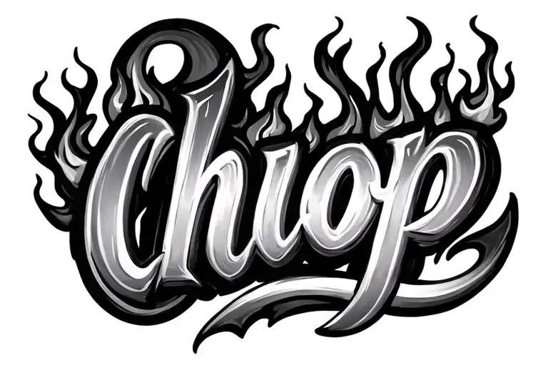 Chop In Cursive With Flames Coming Off The Letters