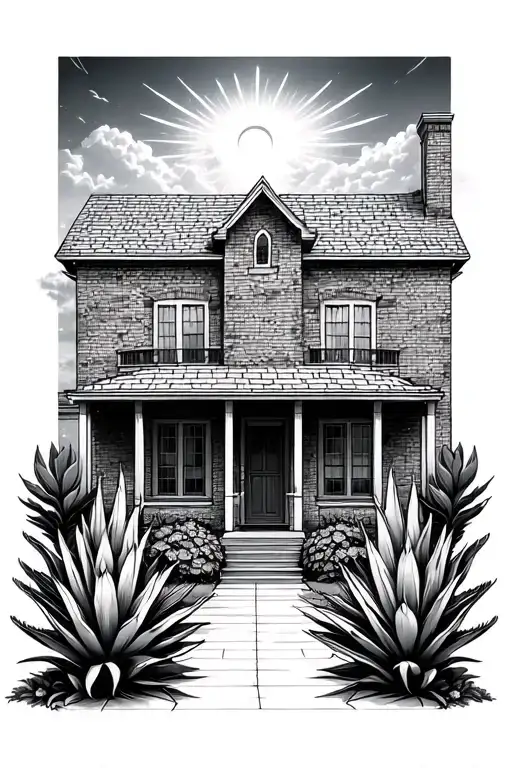 Half Built Brick House With Agave Plant Along Both Sides With Heaven Sky