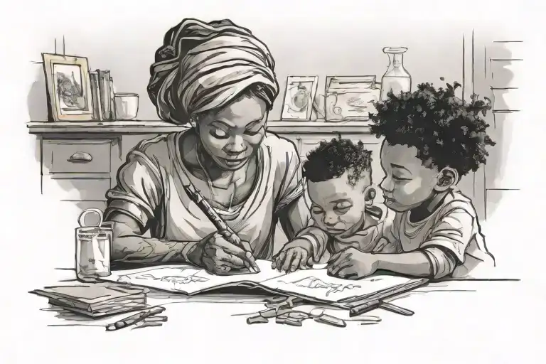 Black Mom And Boy Son Writing Letters To Eachother One Is Giving