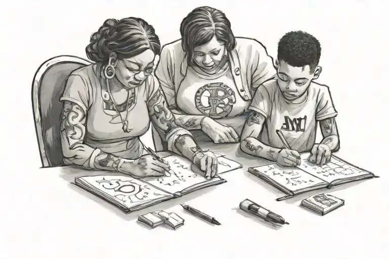 Black Mom And Son Writing Letters To Eachother Wiht Initials