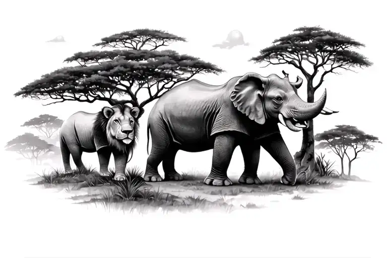 Safari Lion White Rhino Giraffe Tree Big Elephant