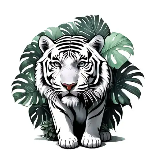 A White Tiger Standing With Monsteras Around It