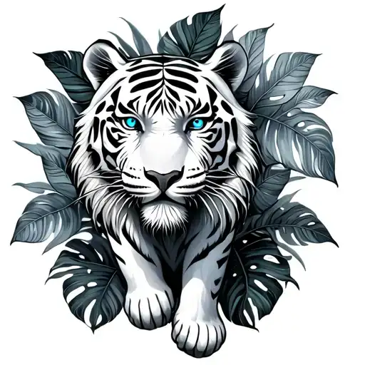 A White Tiger With Blue Eyes Standing With Monsteras Around It
