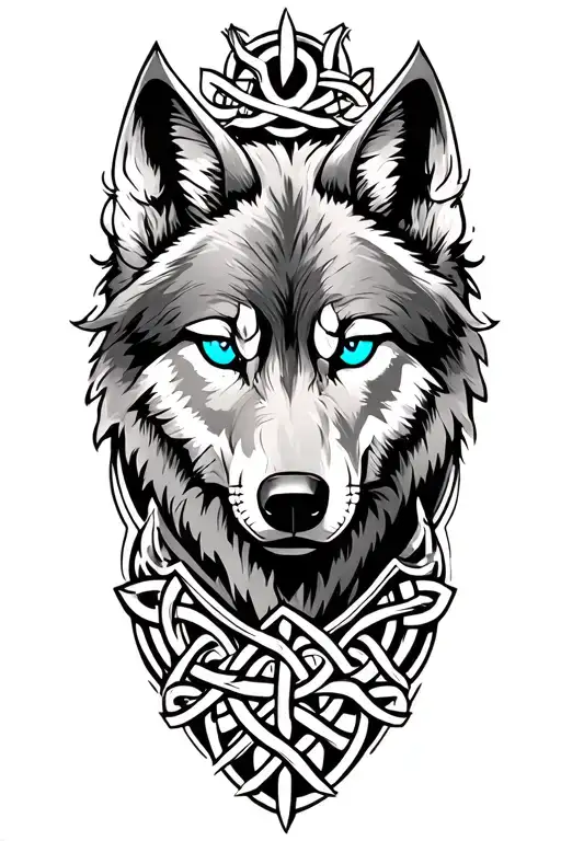 Wolf With Blue Eyes On Armor Tattoo Design Featuring Celtic Trinity Knot