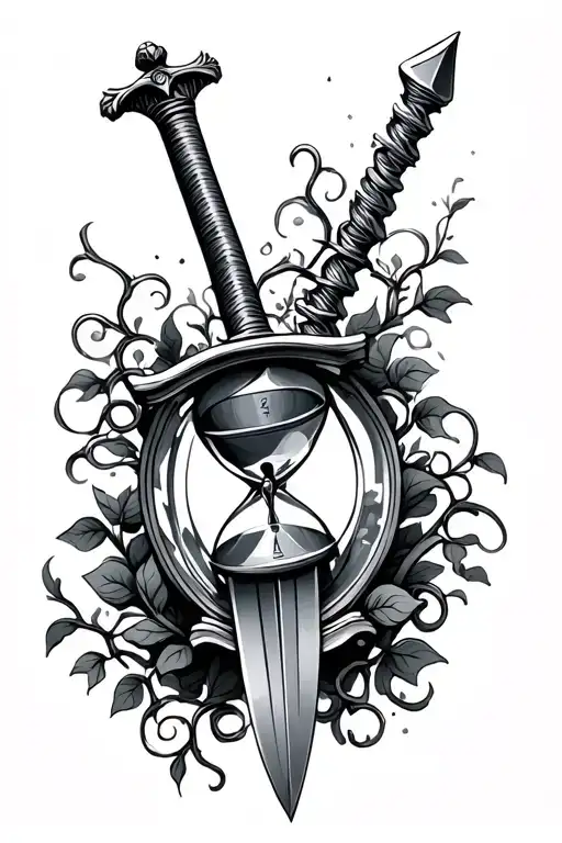 Sword In Front Of Hourglass And Padlock With Vines