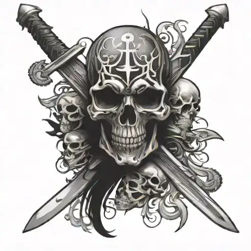 A Full Sleeve Tattoo With Skulls And Swords Crossed