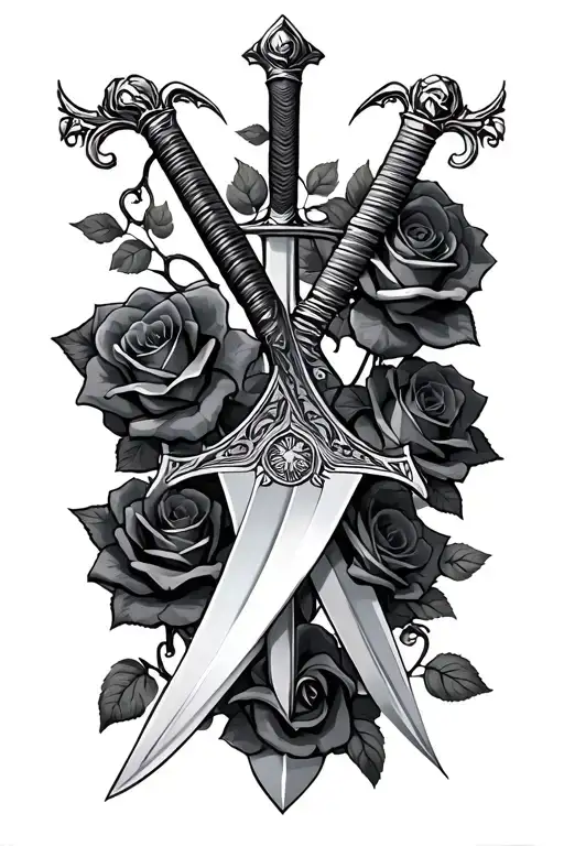 Crossing Swords With Rose Vine Wrapped With Three Roses