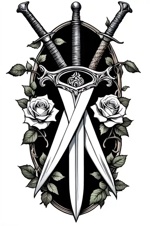Crossing Swords With Rose Vine Wrapped With Three Roses