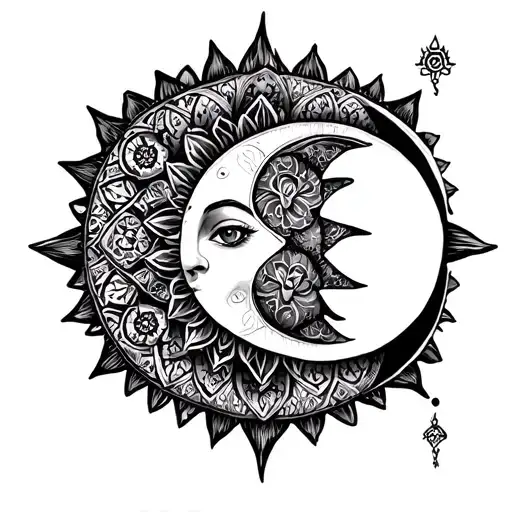A Tattoo Of A Sun And Moon With Intricate Mandala Patterns Inside