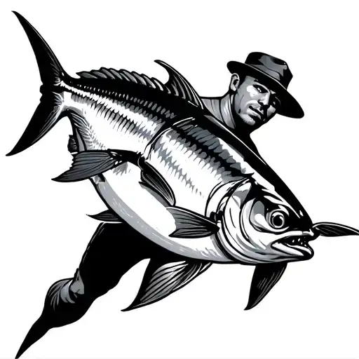 Tuna Fish Jumping Fisher Man Pulling