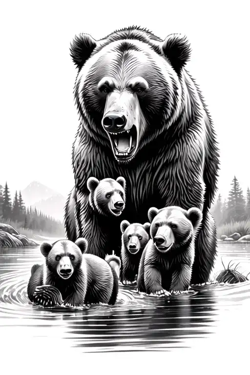 Angry Grizzly Bear With Bear Cubs Playing In A Stream