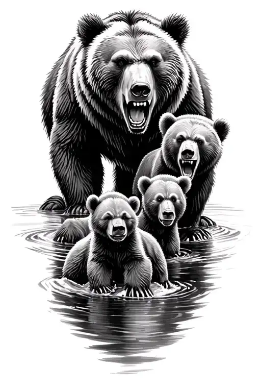 Angry Grizzly Bear With 3 Bear Cubs Playing In A Stream