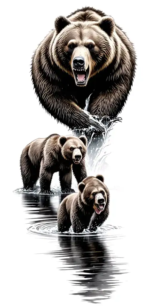 Angry Grizzly Bear With 3 Bear Cubs Playing In A Stream