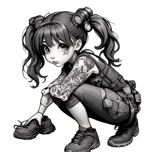 Little Mechanic Girl With Pigtails Kneeling
