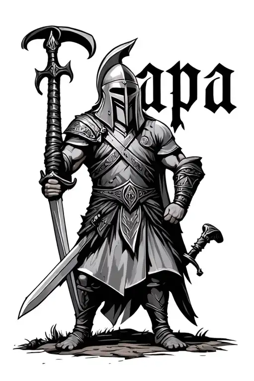 Medival Spartan With Sword With The Name Papa Above It