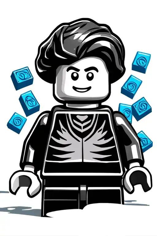 Lego Man Smiling In Black And White With Blue Lego Bricks Around Him