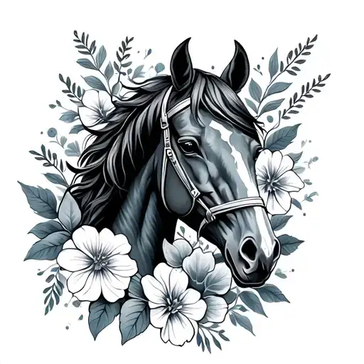 Horse Head And Flowers Surrounding