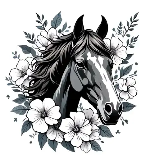 Horse Head And Flowers Surrounding