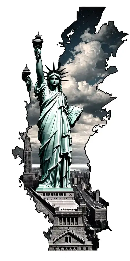 New York Map Outline With Statue Of Liberty And A Windy Road