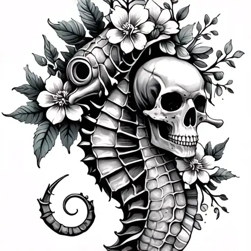 Seahorse With Skull And Flowers