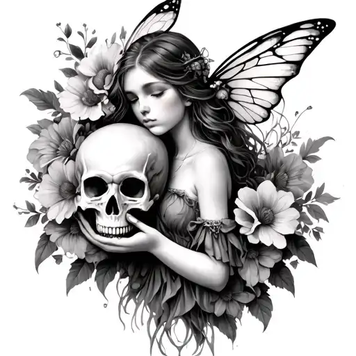 Fairy Holding A Skull Surrounded By Dead Flowers