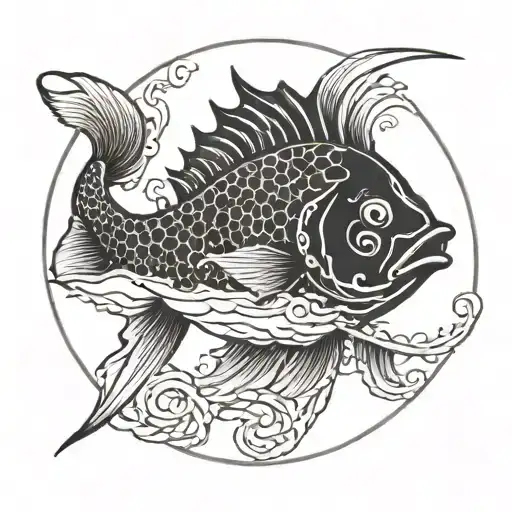 Red Lion Black Fish In Yin Hand Circle