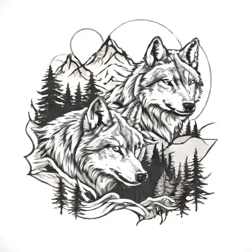 Mountains At Night With Two Wolves